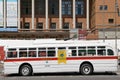 MONTEVIDEO URUGUAY - OCTOBER 6 2018: White trolley bus on exhibition side view.